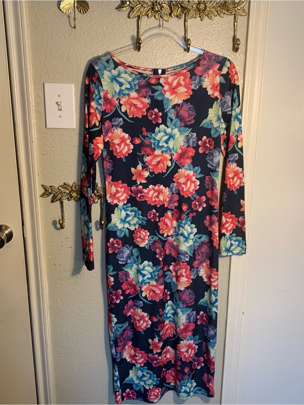 Glamorous Navy Floral Long Sleeve Midi Bodycon Dress Size 12